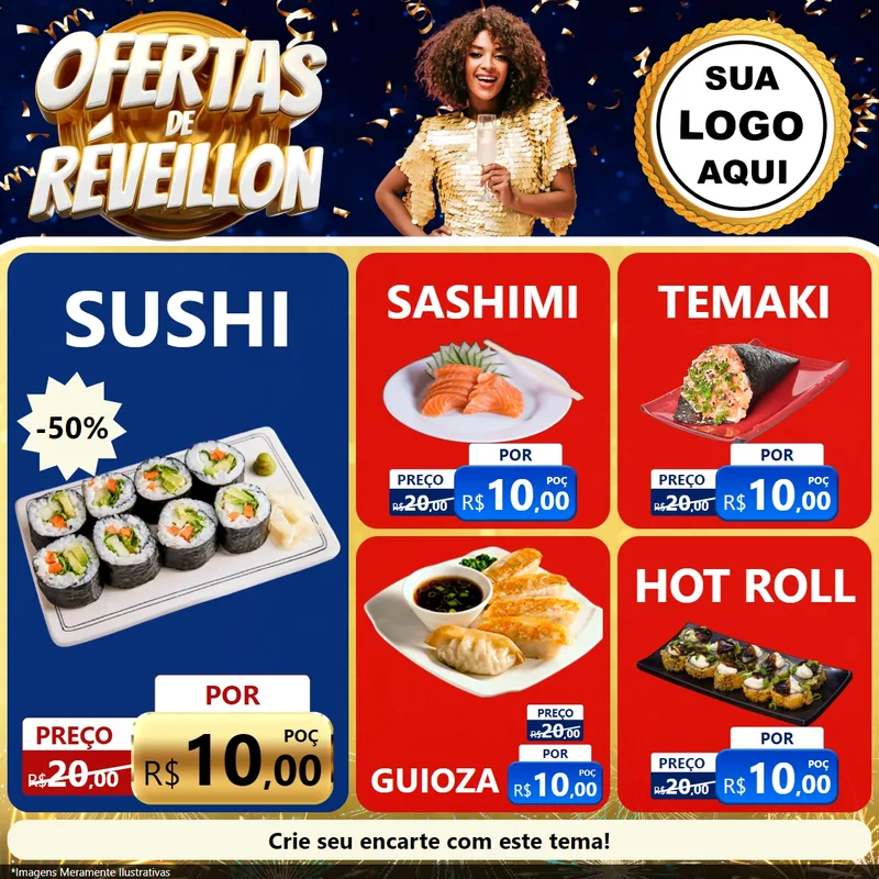 Modelo de Rede Social para Feed Facebook com o tema Ofertas de Réveillon para Comida japonesa
