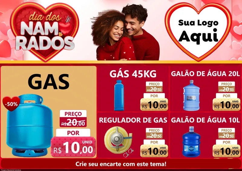 Modelo de Encarte para Encarte A4 Horizontal com o tema Dia dos Namorados para Água e gás