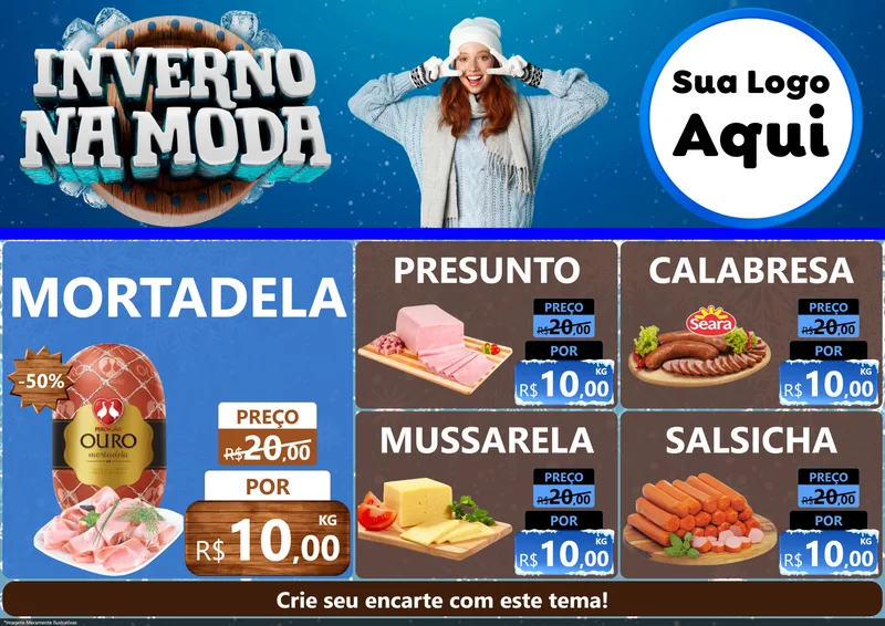 Modelo de Encarte para Encarte A4 Horizontal com o tema Inverno na Moda para Frios e Laticínios