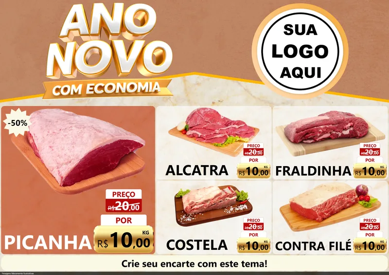 Modelo de Encarte para Encarte A4 Horizontal com o tema Ano Novo Com Economia para Açougue