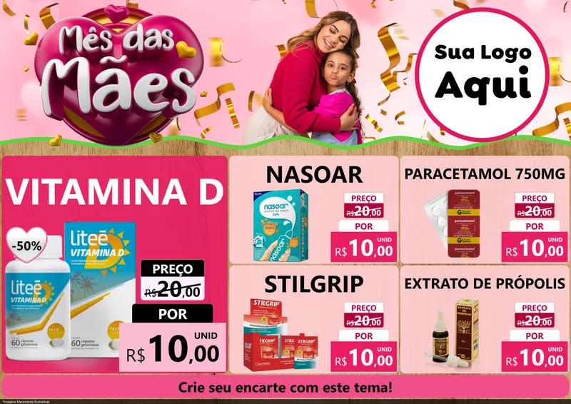 Modelo de Encarte para Encarte A4 Horizontal com o tema Mês das Mães para Farmácia