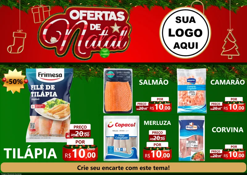 Modelo de Encarte para Encarte A4 Horizontal com o tema Ofertas de Natal para Peixaria