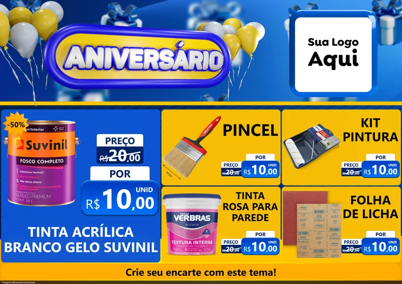 Modelo de Encarte para Encarte A4 Horizontal com o tema Aniversário para Tintas e Ferramentas