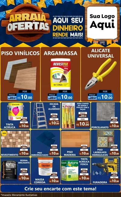 Modelo de Encarte para Encarte Grande com o tema Arraiá de Ofertas - Junina para Material para Construção