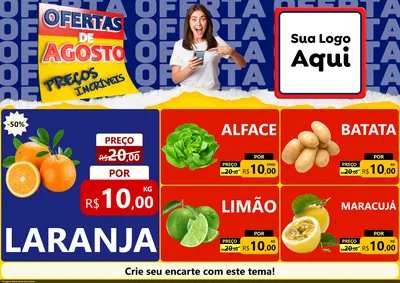 Modelo de Encarte para Encarte A4 Horizontal com o tema Ofertas de Agosto - Preços Incríveis para Hortifrúti