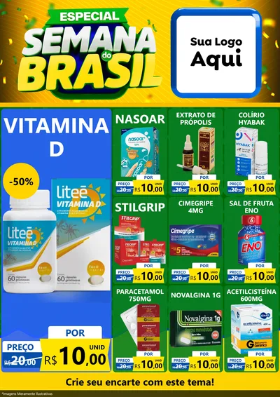 Modelo de Encarte para Encarte A4 Vertical com o tema Especial Semana do Brasil para Farmácia