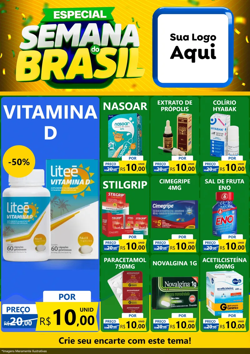 Modelo de Encarte para Encarte A4 Vertical com o tema Especial Semana do Brasil para Farmácia