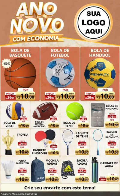 Modelo de Encarte para Encarte Grande com o tema Ano Novo Com Economia para Artigos Esportivos