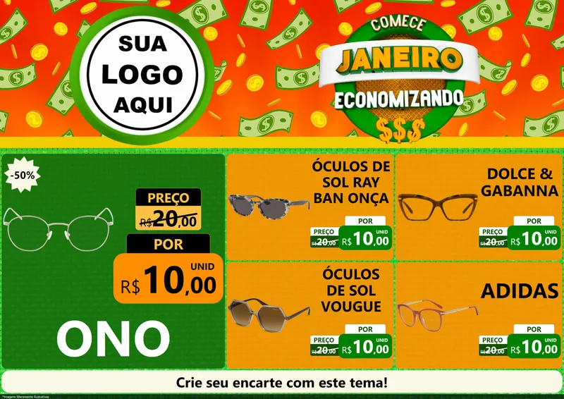 Modelo de Encarte para Encarte A4 Horizontal com o tema Comece Janeiro Economizando para Óticas