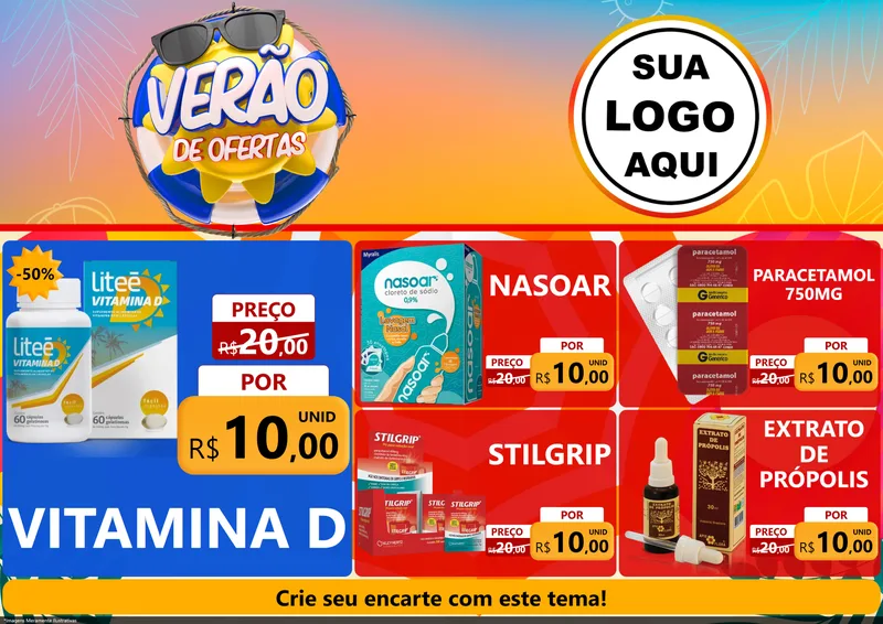 Modelo de Encarte para Encarte A4 Horizontal com o tema Verão de Ofertas para Farmácia