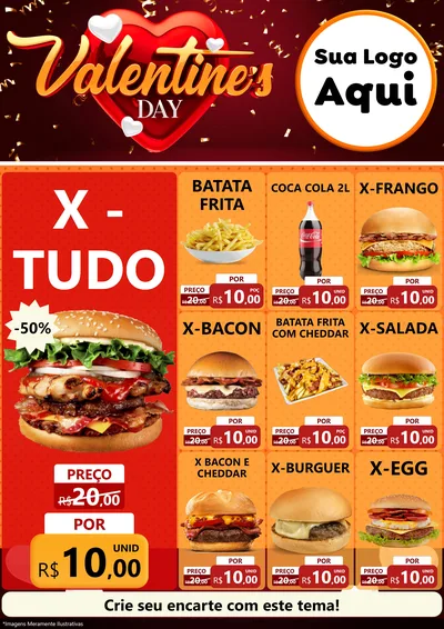 Modelo de Encarte para Encarte A4 Vertical com o tema Valentine's Day para Hamburgueria