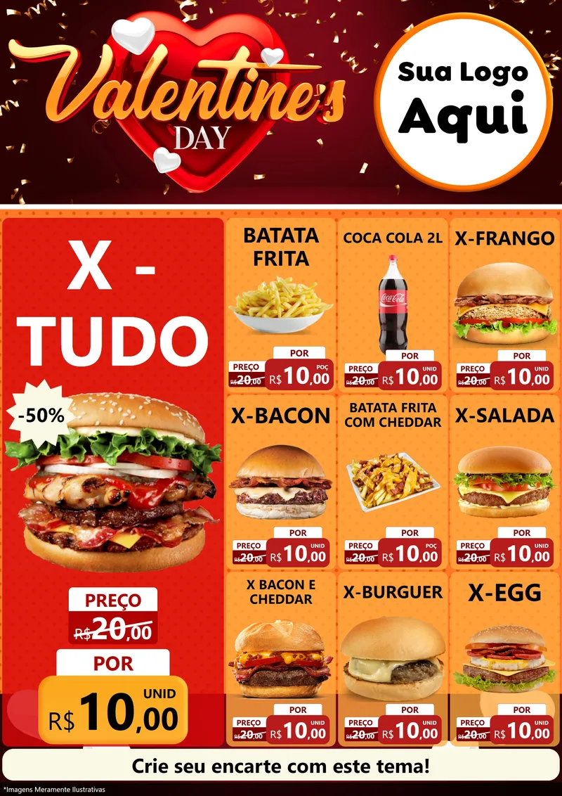 Modelo de Encarte para Encarte A4 Vertical com o tema Valentine's Day para Hamburgueria