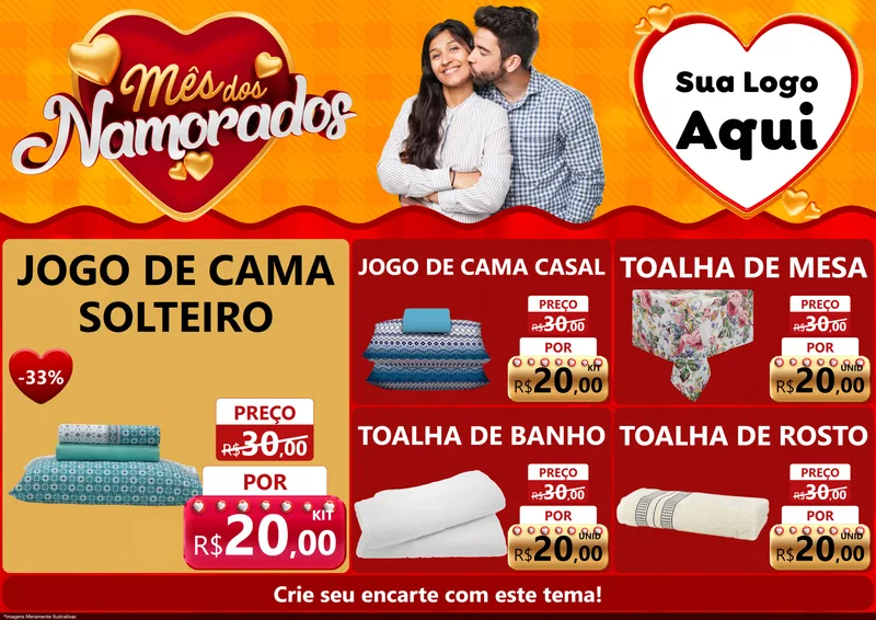 Modelo de Encarte para Encarte A4 Horizontal com o tema Mês dos Namorados para Cama, Mesa e Banho