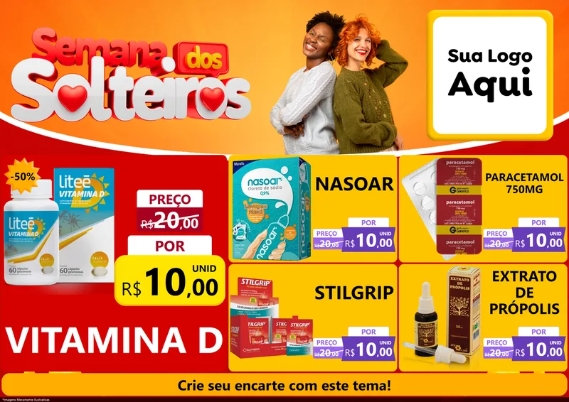 Modelo de Encarte para Encarte A4 Horizontal com o tema Semana dos Solteiros para Farmácia