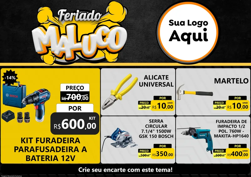 Modelo de Encarte para Encarte A4 Horizontal com o tema Feriado Maluco para Maquinas e Ferramentas