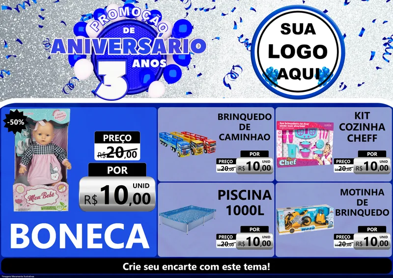 Modelo de Encarte para Encarte A4 Horizontal com o tema Promoção de Aniversário - 3 Anos para Brinquedos