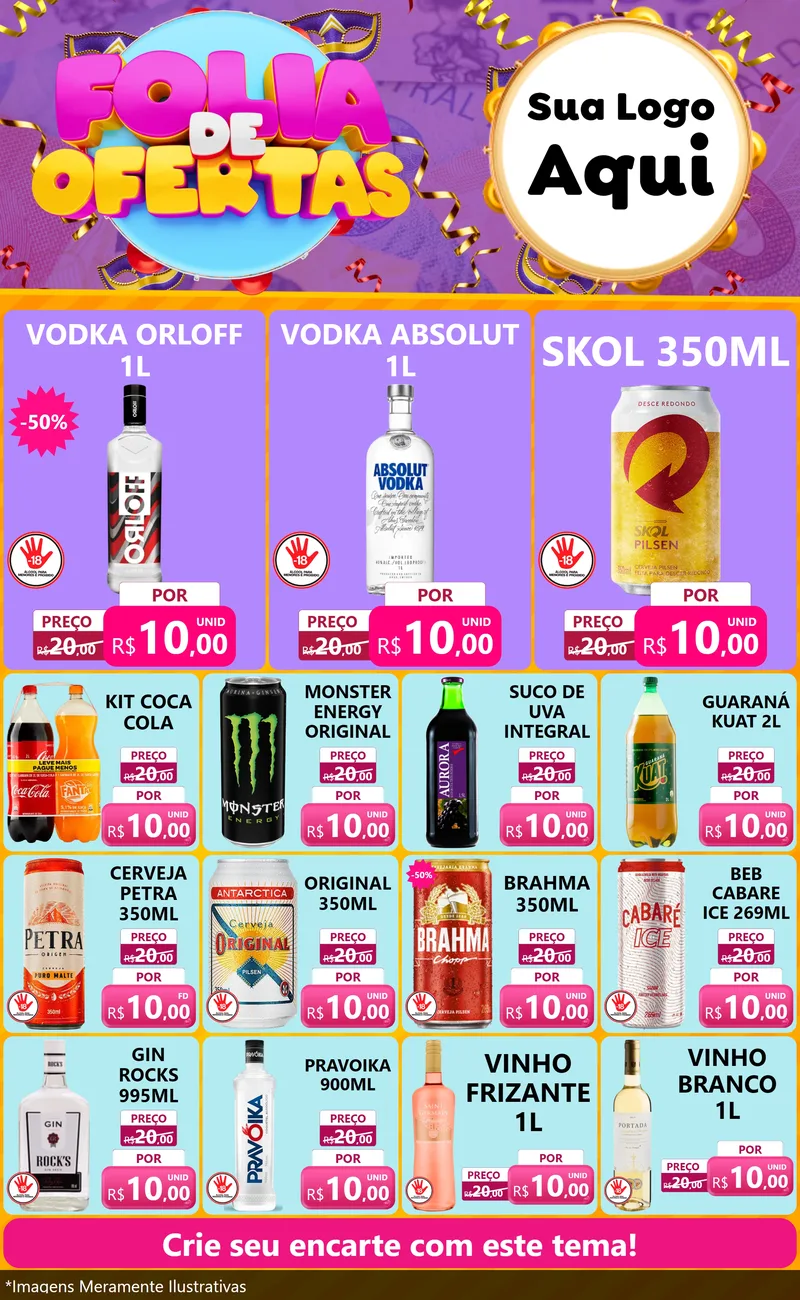 Modelo de Encarte para Encarte Grande com o tema Folia de Ofertas para Distribuidora de bebidas