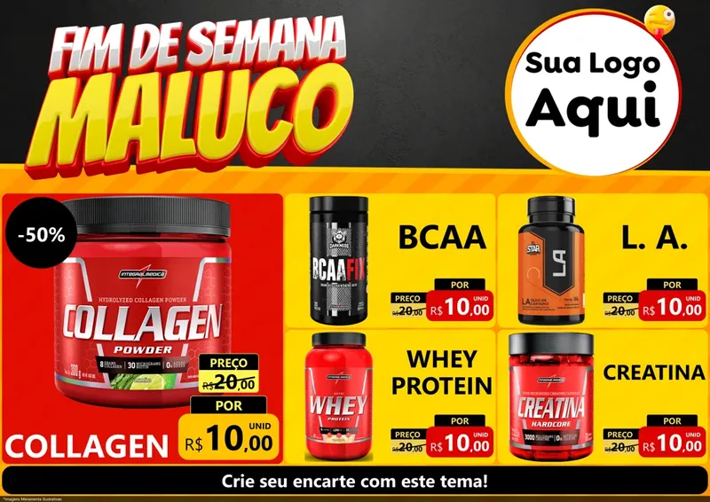 Modelo de Encarte para Encarte A4 Horizontal com o tema Final de Semana Maluco para Suplementos alimentares