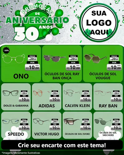 Modelo de Rede Social para Feed Instagram com o tema Promoção de Aniversário - 30 Anos para Óticas