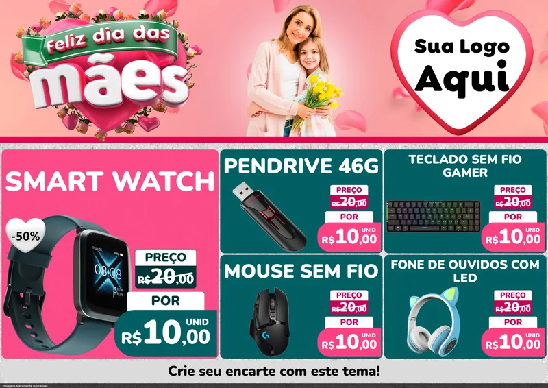 Modelo de Encarte para Encarte A4 Horizontal com o tema Feliz Dia das Mães para Informática
