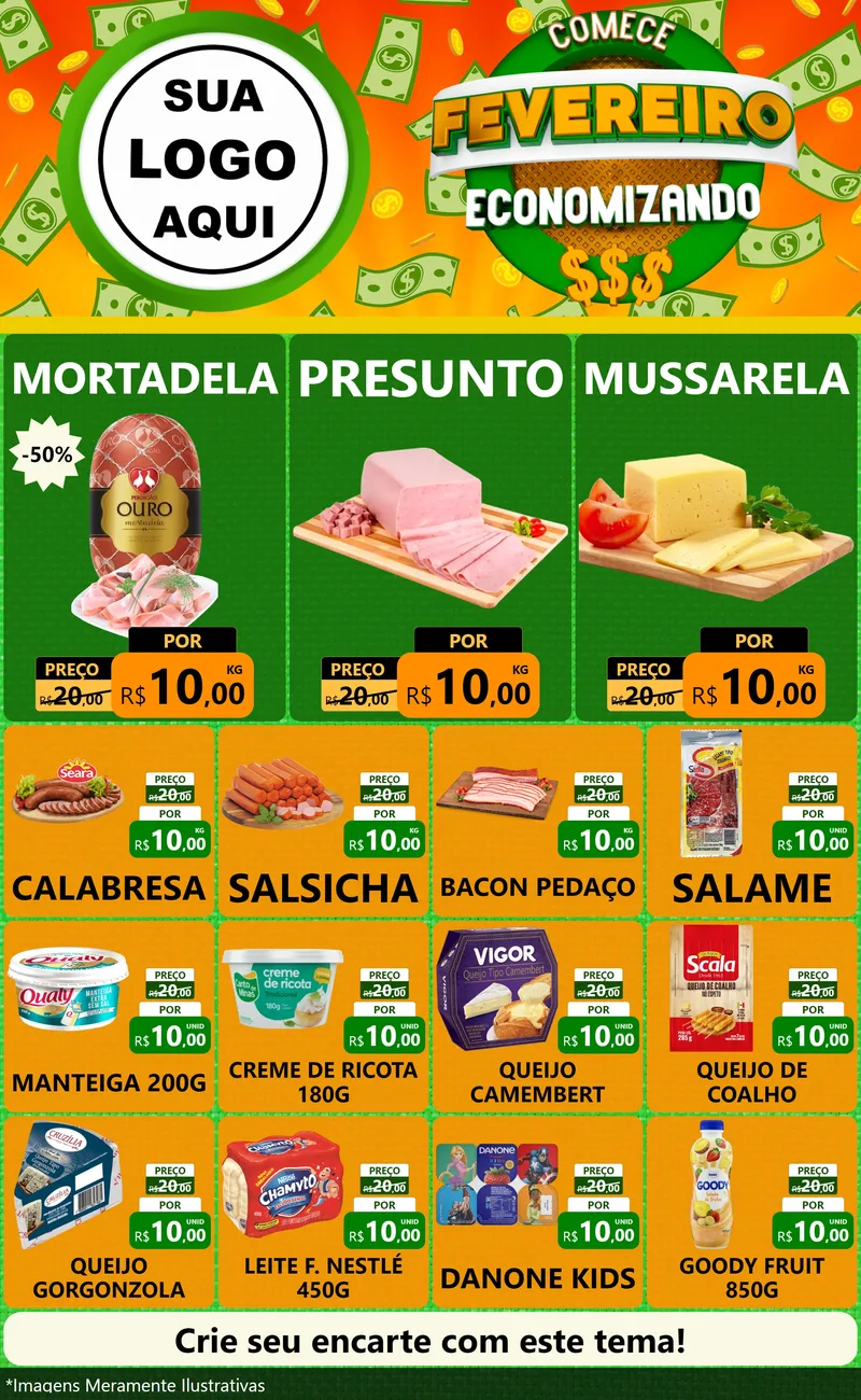 Modelo de Encarte para Encarte Grande com o tema Comece Fevereiro Economizando para Frios e Laticínios