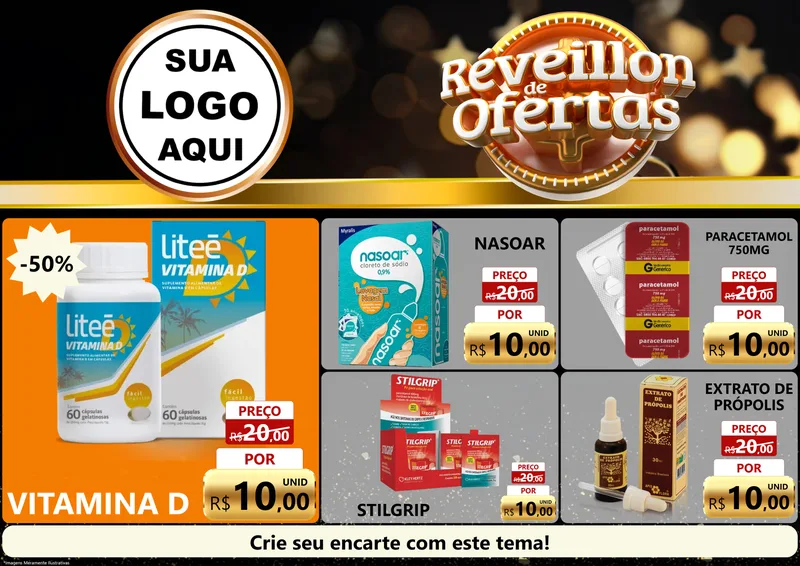 Modelo de Encarte para Encarte A4 Horizontal com o tema Réveillon de Ofertas para Farmácia