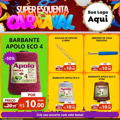 Modelo de Rede Social para Feed Facebook com o tema Super Esquenta de Carnaval para Armarinho e Aviamentos