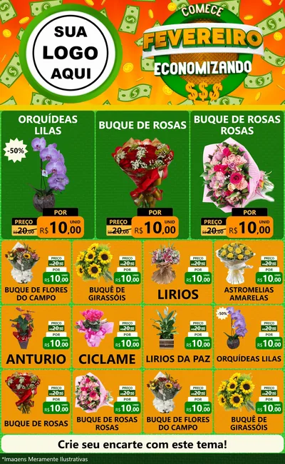 Modelo de Encarte para Encarte Grande com o tema Comece Fevereiro Economizando para Floricultura e jardim