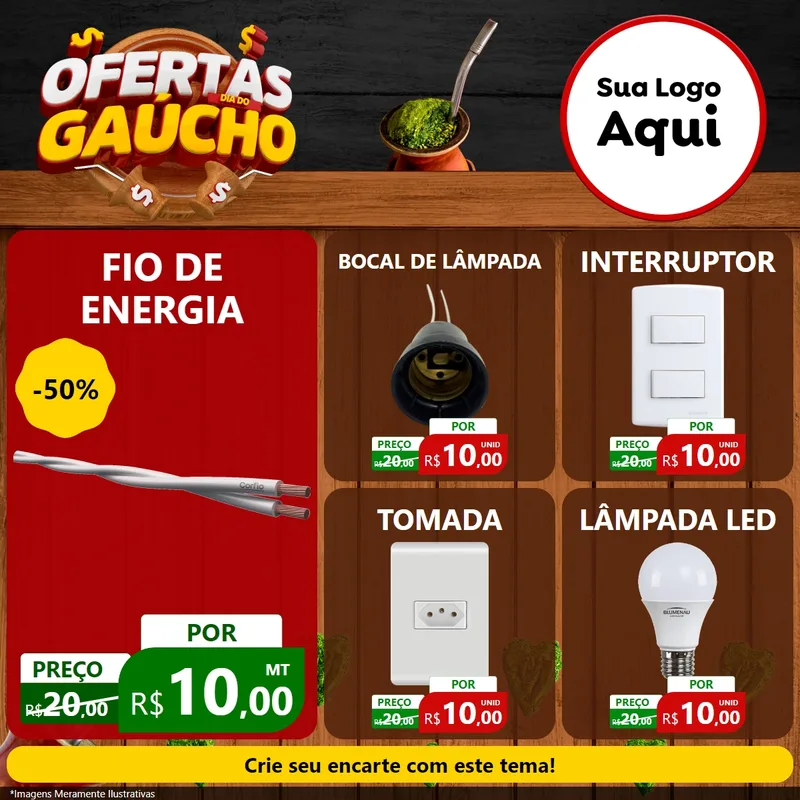 Modelo de Rede Social para Feed Facebook com o tema Ofertas Dia do Gaúcho para Materiais Elétricos