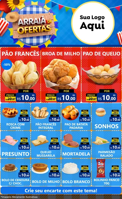 Modelo de Encarte para Encarte Grande com o tema Arraiá de Ofertas para Padaria