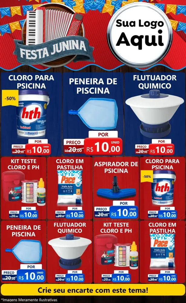Modelo de Encarte para Encarte Grande com o tema Festa Junina para Produtos para Piscina