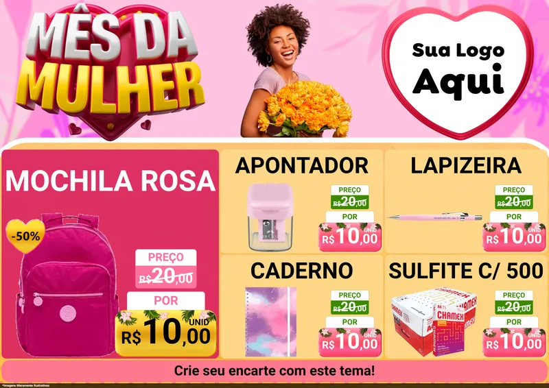 Modelo de Encarte para Encarte A4 Horizontal com o tema Mês da Mulher para Papelaria