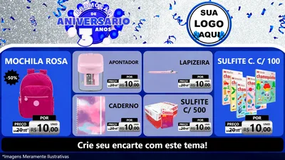 Modelo de TV para TV Horizontal com o tema Promoção de Aniversário - 3 Anos para Papelaria