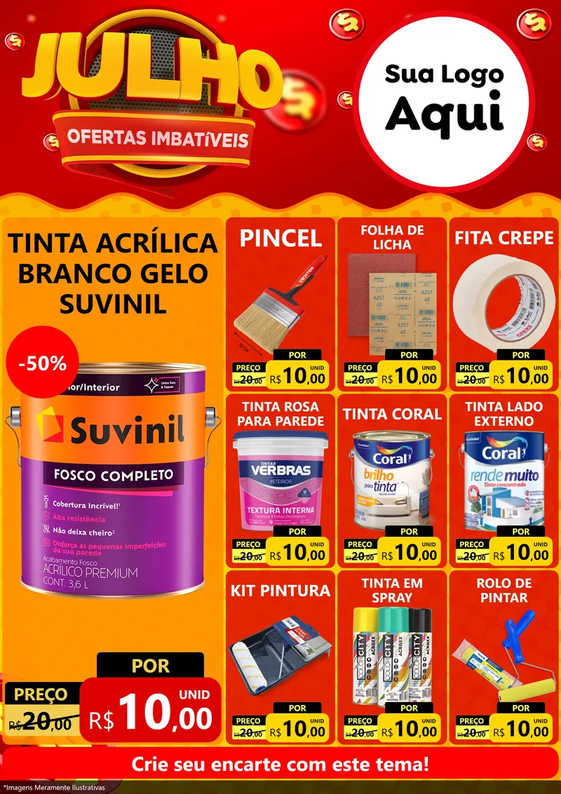 Modelo de Encarte para Encarte A4 Vertical com o tema Julho Ofertas Imbatíveis para Tintas e Ferramentas