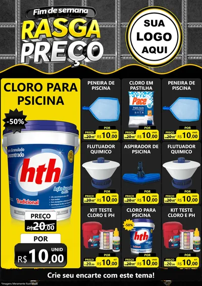 Modelo de Encarte para Encarte A4 Vertical com o tema Fim de Semana Rasga Preço para Produtos para Piscina