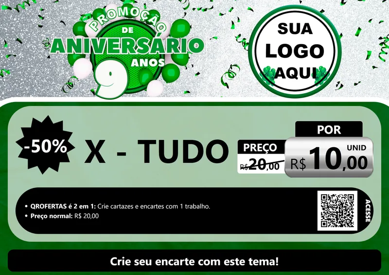 Modelo de Cartaz para Cartaz A4 Horizontal com o tema Promoção de Aniversário - 9 Anos para Hamburgueria