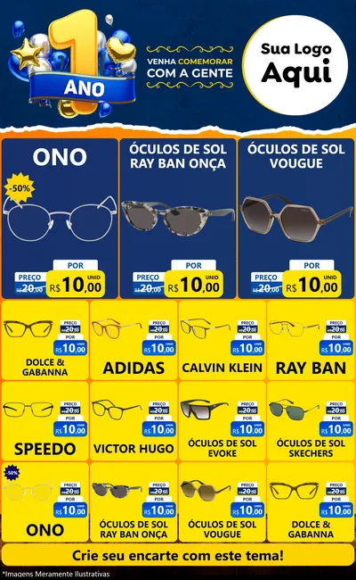 Modelo de Encarte para Encarte Grande com o tema Um Ano de Aniversário para Óticas