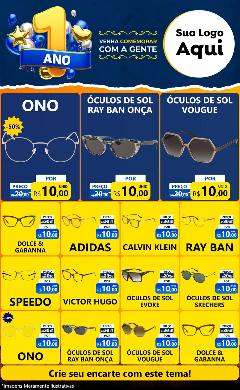 Modelo de Encarte para Encarte Grande com o tema Um Ano de Aniversário para Óticas