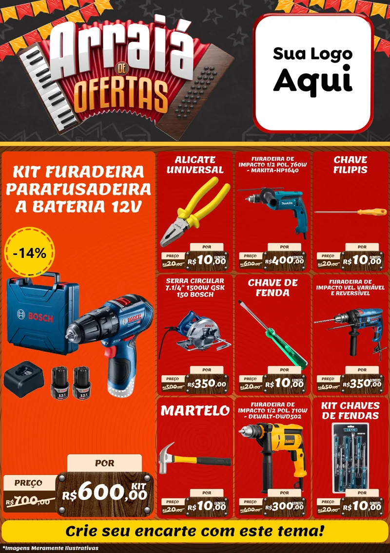 Modelo de Encarte para Encarte A4 Vertical com o tema Arraiá de Ofertas - Junina para Maquinas e Ferramentas