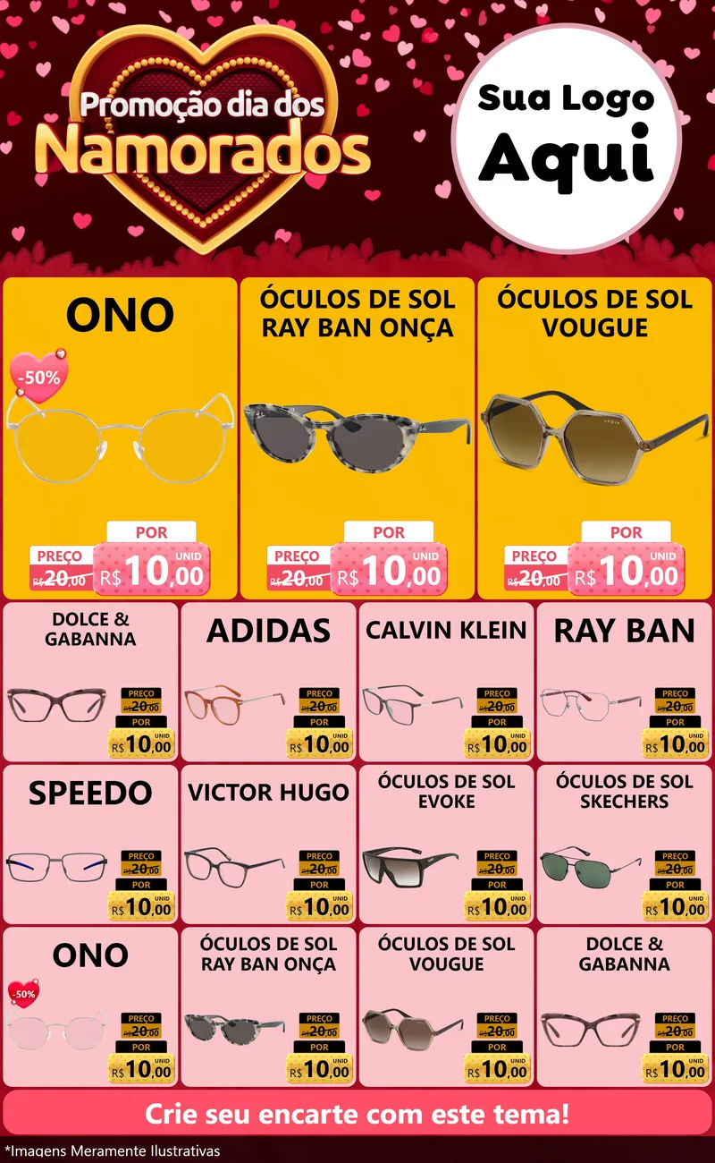 Modelo de Encarte para Encarte Grande com o tema Promoção Dia Dos Namorados para Óticas