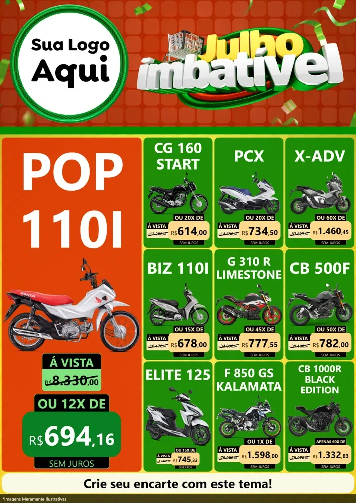 Modelo de Encarte para Encarte A4 Vertical com o tema Julho Imbatível para Concessionaria de Motos