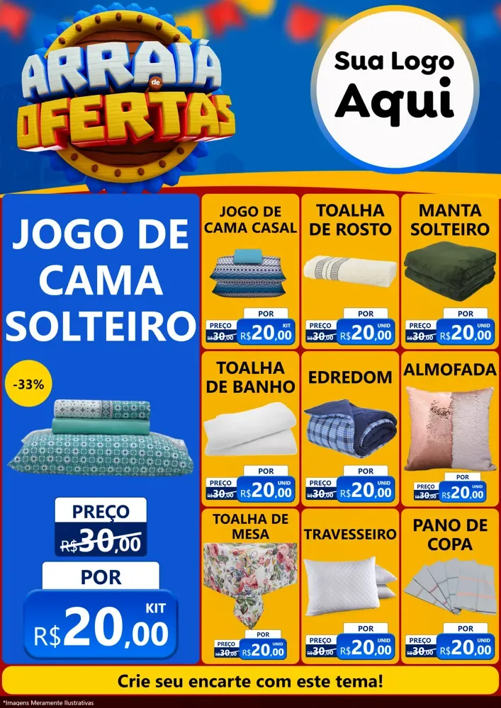 Modelo de Encarte para Encarte A4 Vertical com o tema Arraiá de Ofertas - Junina para Cama, Mesa e Banho