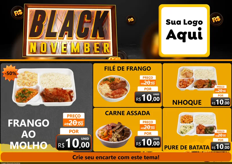 Modelo de Encarte para Encarte A4 Horizontal com o tema Black November para Restaurante