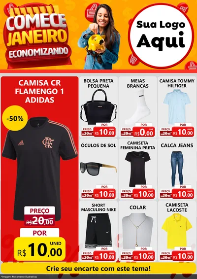 Modelo de Encarte para Encarte A4 Vertical com o tema Comece Janeiro Economizando para Roupas e acessórios