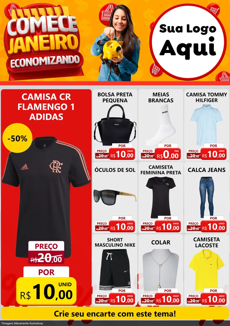 Modelo de Encarte para Encarte A4 Vertical com o tema Comece Janeiro Economizando para Roupas e acessórios