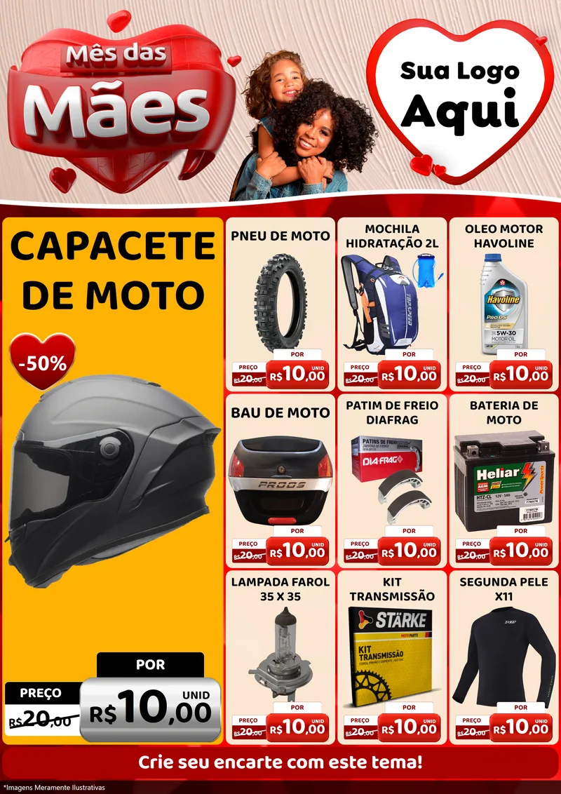 Modelo de Encarte para Encarte A4 Vertical com o tema Mês das Mães para Moto peças