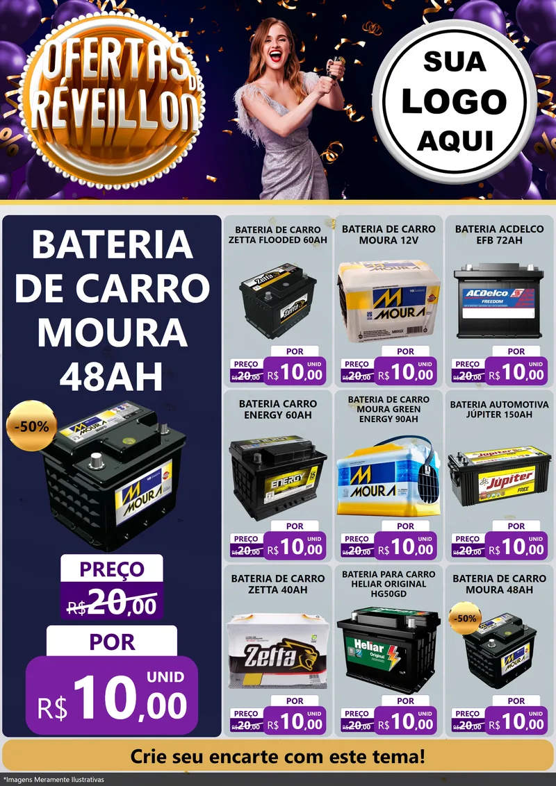 Modelo de Encarte para Encarte A4 Vertical com o tema Ofertas de Réveillon para Baterias Elétricas