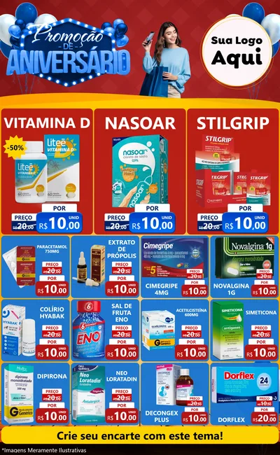 Modelo de Encarte para Encarte Grande com o tema Promoção de Aniversário para Farmácia