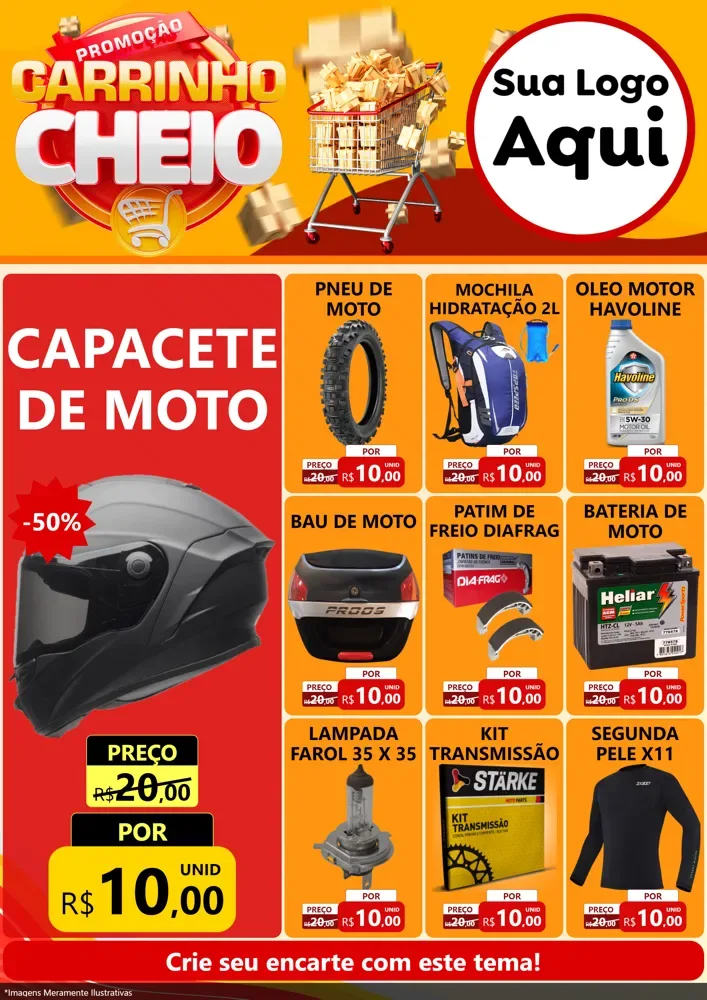 Modelo de Encarte para Encarte A4 Vertical com o tema Promoção carrinho cheio para Moto peças