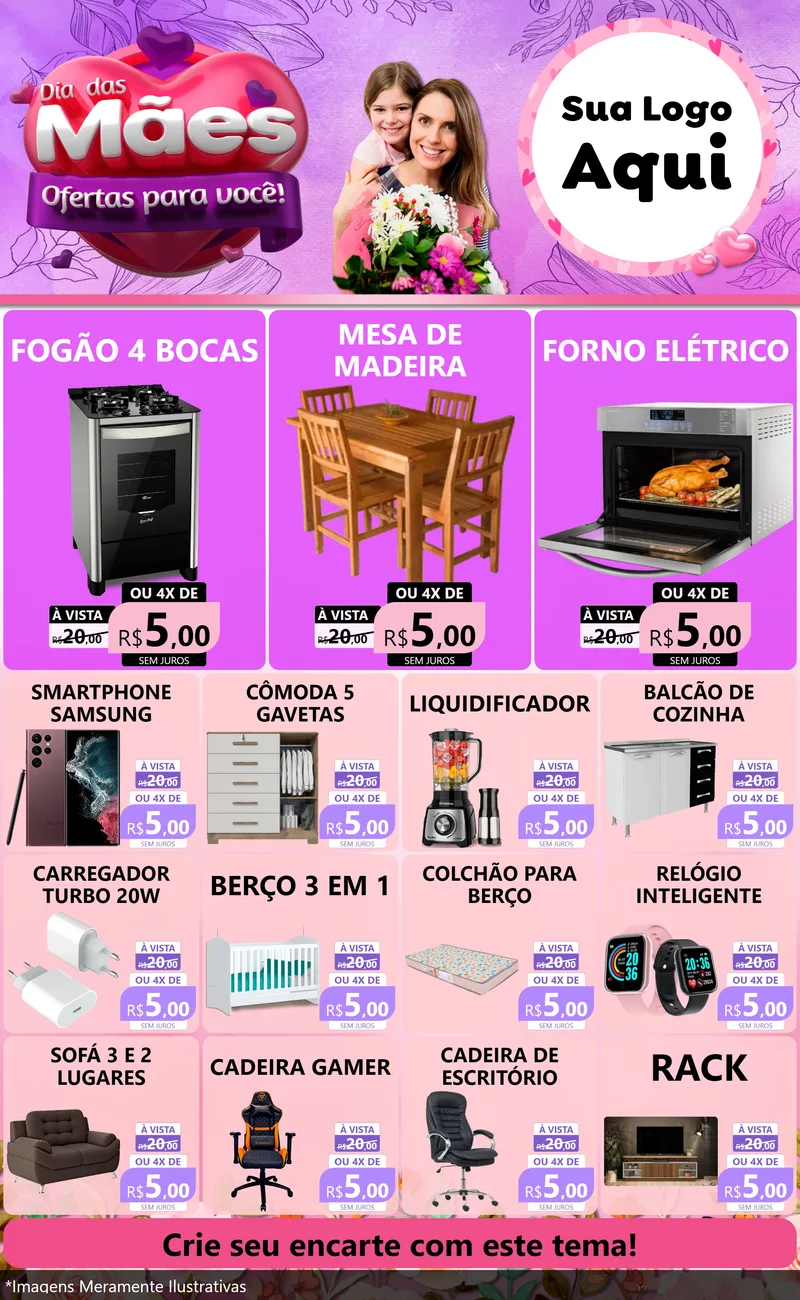 Modelo de Encarte para Encarte Grande com o tema Dia das Mães Ofertas para Você! para Móveis e Eletro